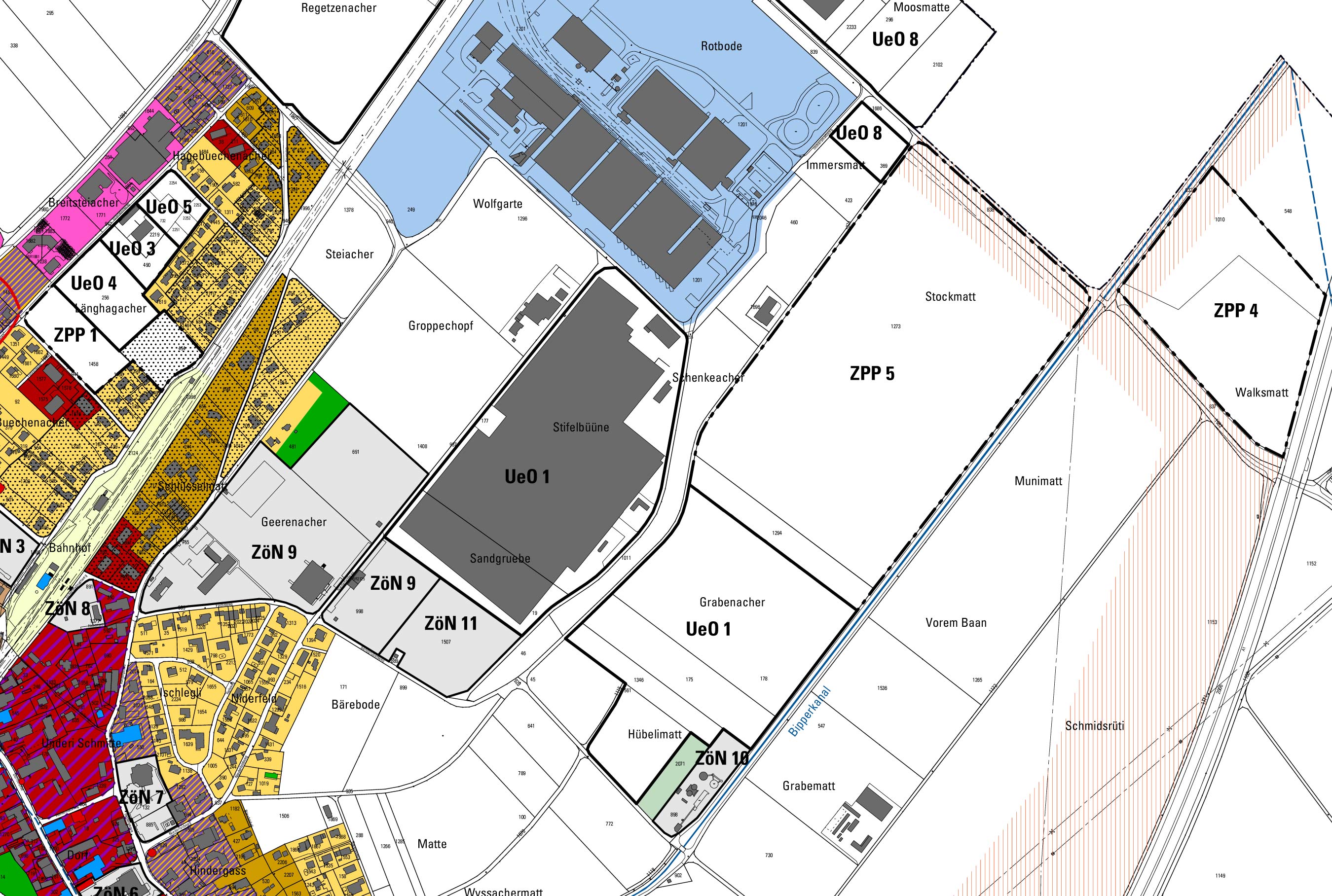 Die Stockmatt sieht auf dem Siedlungsplan noch unschuldig weiß aus; doch Vorsicht! Hier soll die Laschaftszone in eine Zone mit Planungspflicht übergeführt werden. Dann entstehen weitere Industriebauten; im Vordergrund steht ein Großschlachthof!