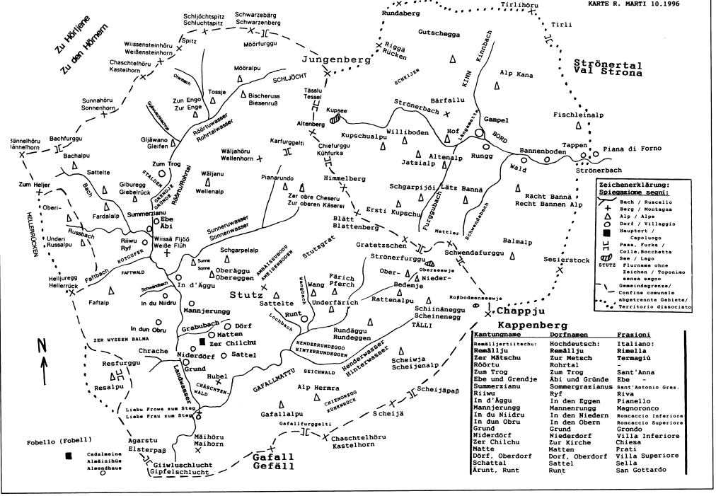 Carta toponomastica di Rimella / Karte mit den Flurnamen von Remmalju